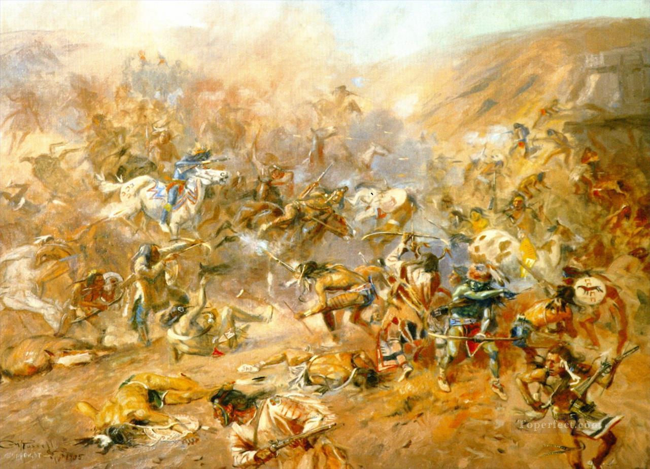 Bataille du ventre de la rivière 1905 Charles Marion Russell Indiens d’Amérique Peintures à l'huile